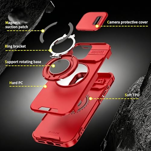 Rugged Shockproof Case for iPhone 17 Pro Max, Heavy Duty Protective Phone Case with Slide Camera Cover, 360° Rotatable Ring Stand & Magnetic Car Mount Compatible (Red,iPhone 17 Pro Max) - color: Red