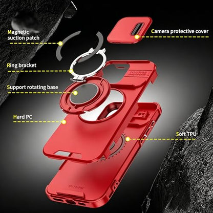 Rugged Shockproof Case for iPhone 17 Pro Max, Heavy Duty Protective Phone Case with Slide Camera Cover, 360° Rotatable Ring Stand & Magnetic Car Mount Compatible (Red,iPhone 17 Pro Max) - color: Red