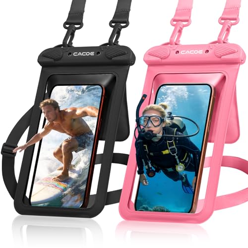 CACOE Waterproof Phone Pouch 2 Pack Up to 8.8", Double Bag, Black+Pink | IPX8 Waterproof Phone Case,Adjustable Lanyard,Dry Bags for Beach/Cruise/Travel/Camping/Kayak/Hiking/Lake/Vacation Essentials - color: Black+Pink