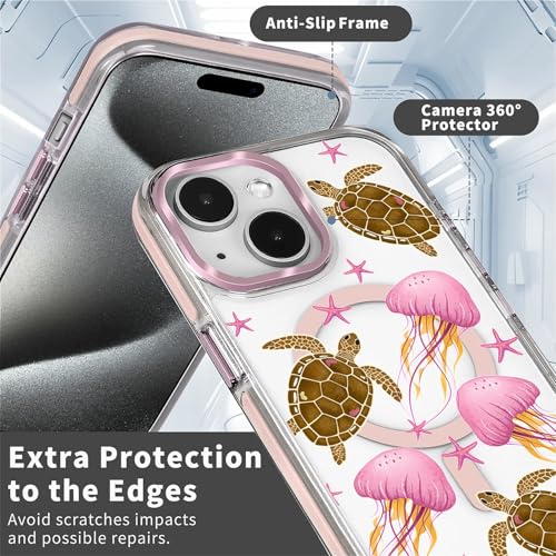 VisEnt Clear Case for iPhone 14, Magnetic Phone Case, Transparent Slim Cover, Military Grade Protection, Shockproof, Anti-Yellowing, Scratch Resistant, Pink Jellyfish Sea Turtle - color: Pink Jellyfish Sea Turtle, size: Iphone 14