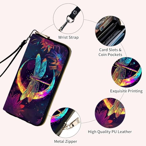 Ladies Wallet,Clutch Purses for Women Wallets Leather Credit Card Holder for Women Wristlet Slim Small Cute with Zipper,Thin RFID Blocking with Wrist Strap,Glitter Dragonfly Moon - color: Glitter Dragonfly Moon