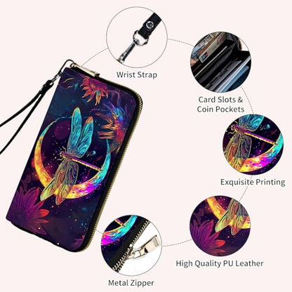 Ladies Wallet,Clutch Purses for Women Wallets Leather Credit Card Holder for Women Wristlet Slim Small Cute with Zipper,Thin RFID Blocking with Wrist Strap,Glitter Dragonfly Moon - color: Glitter Dragonfly Moon