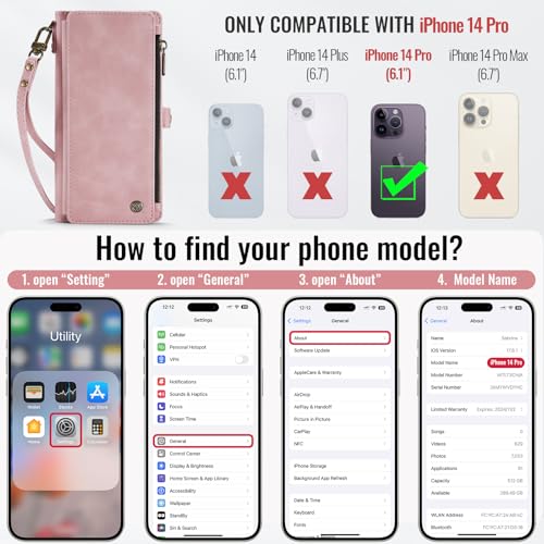 Defencase for iPhone 14 Pro Wallet Case with RFID Card Holder, Rose Pink | Durable Soft PU Leather, with Zipper Pocket, Wrist Strap, Fashion Snap Flip Phone Cases Cover with Stand for Women and Men - color: Rose Pink