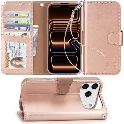 Arae Compatible with iPhone 17 Pro Max Case Wallet with Card Holder, Wristlet Strap Wallet Flip Cover for iPhone 17 Pro Max 6.9 inch Men/Women, RFID Blocking, Kickstand, Rose Gold - color: Rose Gold, size: iPhone 17 Pro Max 6.9 inch