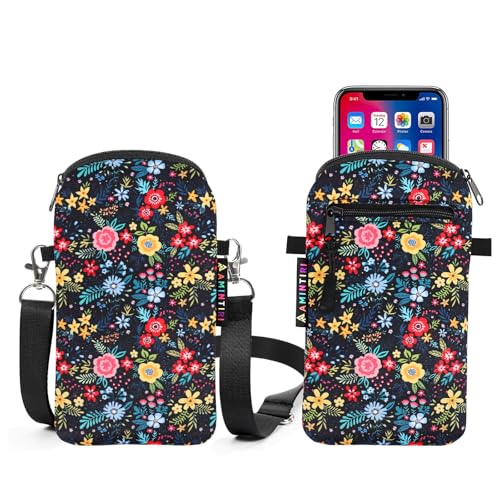 Lanyard Phone Holder Pouch, Phone Bag with Pocket for iPhone & Samsung - color: Black Garden