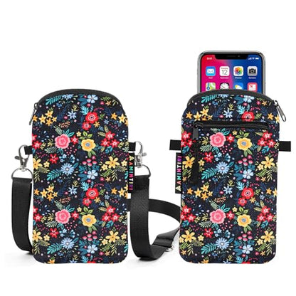 Lanyard Phone Holder Pouch, Phone Bag with Pocket for iPhone & Samsung - color: Black Garden