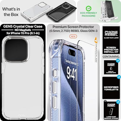 REBEL iPhone 15 Pro Clear Case [Crystal Series Gen-5] Transparent, Dual Anti-Scratch, Non-Yellowing PC, Protective Shockproof Bumpers, Metal Lens & Buttons, 6.1 Inch Phone 2023 (Clear, No Magnet) - color: Crystal Clear, No MagSafe, size: iPhone 15 Pro