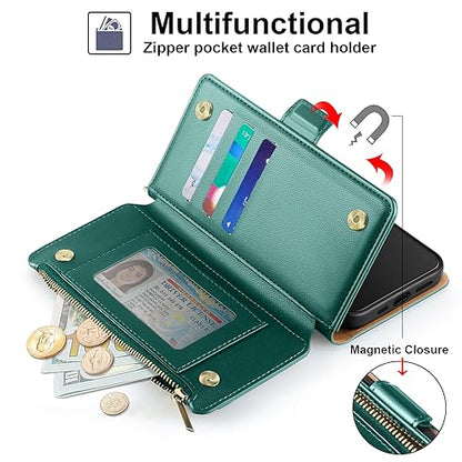 Antsturdy for iPhone 17 Pro Phone Wallet Case Women,Green | RFID Blocking,with Credit Card Holder Slots,PU Leather Purse,Zipper Pocket,Wrist Strap Kickstand,Flip Folio Cover for Men - color: Green