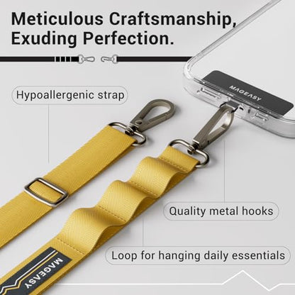 MAGEASY Rover iPhone Lanyard Crossbody with Tether Tab & Attachment Loop, Adjustable Anti Theft Phone Strap for Samsung Google Pixel, 20mm Neck Shoulder Lanyard, Holds 55lb (Dual Clip, Mustard Yellow) - color: Mustard Yellow, size: Dual Clip
