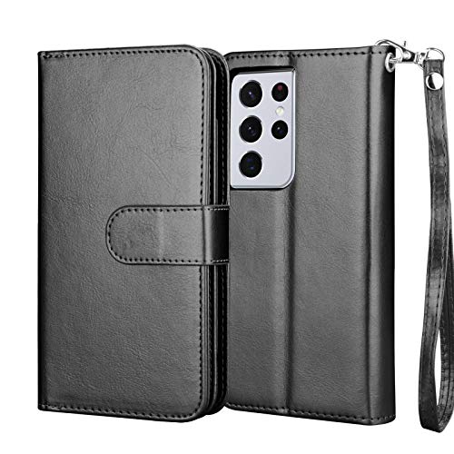 Njjex Wallet Case for Galaxy S21 5G - 9 Card Slots, PU Leather, Detachable Kickstand, Magnetic Cover & Lanyard - Black - color: Black