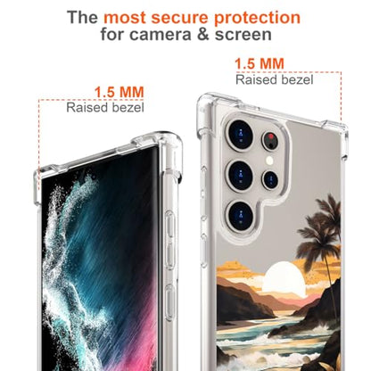Hungo Galaxy S24 Ultra Case for Women Clear Design Cute,Girly Girls Case Compatible with Samsung Galaxy S24 Ultra Ocean Beach Mountain Sunset Sun Sea Palm Trees Clouds Hills Tropical - color: Beach Sunset