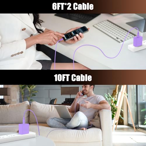Fast Charger for iPhone 17 Pro Max, Super Fast USB C (6+6+10) FT Cables - color: Purple