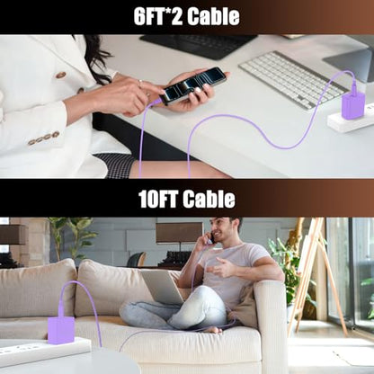 Fast Charger for iPhone 17 Pro Max, Super Fast USB C (6+6+10) FT Cables - color: Purple