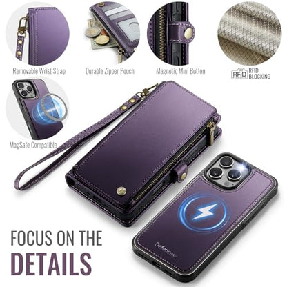 Defencase for iPhone 16 Pro Max Case Wallet Compatible with Magsafe, Purple | Drop-Proof Magnetic Detachable Phone Cases Cover, with RFID Bolcking Card Holder, Zipper Strap, PU Leather, Removable Wallet - color: (Detachable with Magsafe)-Purple