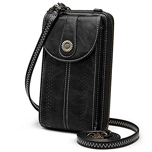 S-ZONE Women RFID Blocking Crossbody Cell Phone Purse PU Leather Wallet | Card Slots, Anti-theft, Multi Pockets, Detachable Adjustable Strap, Small, Travel Eveyday Shopping Outing - color: Black