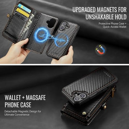 Defencase for iPhone 17 Phone Case Wallet Compatible with Magsafe, C-Black | Magnetic Detachable, Drop-Proof Protective Wallet Cases Cover, with RFID Bolcking Card Holder, Zipper Strap, Soft PU Leather - color: (Detachable with Magsafe)-Carbon Fiber Black
