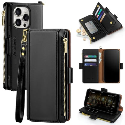 Antsturdy for iPhone 15 Pro Max Phone Wallet Case Women,Black | RFID Blocking,with Credit Card Holder Slots,PU Leather Purse,Zipper Pocket,Wrist Strap Kickstand,Flip Folio Cover for Men - color: Black