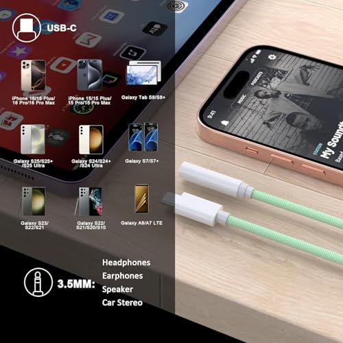 [Apple MFi Certified] USB C to 3.5mm Headphone Adapter for iPhone 17 16 iPad - color: Green