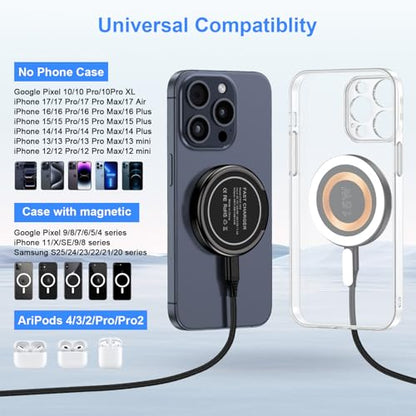 Magnetic Wireless Charger for iPhone 18 Pro/18Pro Max/17/16/15/14/13/12 Series,AirPods3/2/Pro, 2Pack 15W Mag-Safe Charger Fast Charging Pad for Samsung S26/25/24/23, Pixelsnap Charger for Google Pixel