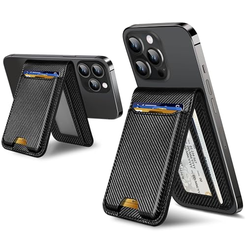 For Magsafe Wallet Stand, 6 Cards Holder, RFID Blocking | Strongest Magnetic Wallet for iPhone 17/16/15/14/13/12 Series, Adjustable Stand, ID Window, Vegan Leather, Black Carbon Fiber - color: Black Carbon Fiber