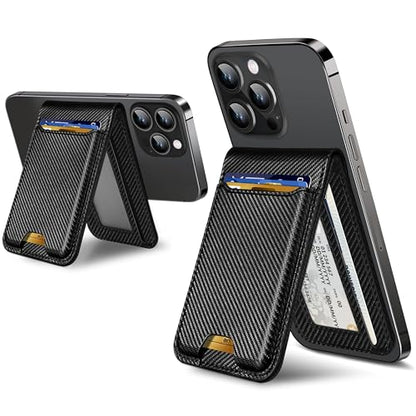 For Magsafe Wallet Stand, 6 Cards Holder, RFID Blocking | Strongest Magnetic Wallet for iPhone 17/16/15/14/13/12 Series, Adjustable Stand, ID Window, Vegan Leather, Black Carbon Fiber - color: Black Carbon Fiber