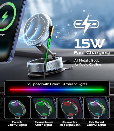 Meifigno for MagSafe Car Mount Charger, 15W Wireless Charger Stand with Vacuum Suction Cup, Magnetic Phone Holder for Car, for iPhone 17 Pro Max 16-12 & Android, 360°Adjustable & Foldable Phone Stand
