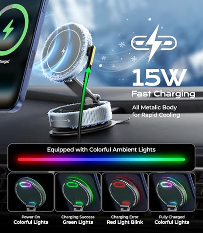 Meifigno for MagSafe Car Mount Charger, 15W Wireless Charger Stand with Vacuum Suction Cup, Magnetic Phone Holder for Car, for iPhone 17 Pro Max 16-12 & Android, 360°Adjustable & Foldable Phone Stand