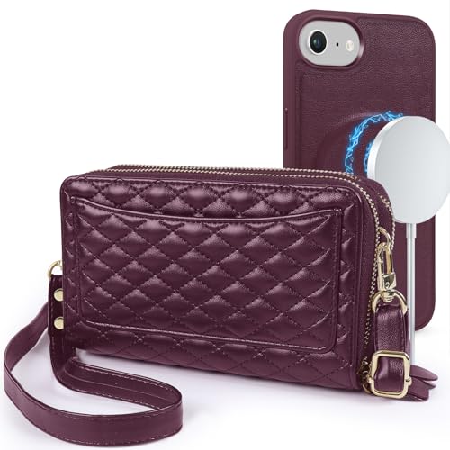 Harryshell Compatible with iPhone 16e 17e Case Wallet Multi Zipper Detachable Removable Cover with RFID Blocking Card Slots Holder Mirror Crossbody Strap (Compatible with Magsafe - Quilted Burgundy) - color: Compatible with Magsafe - Quilted Burgundy, siz