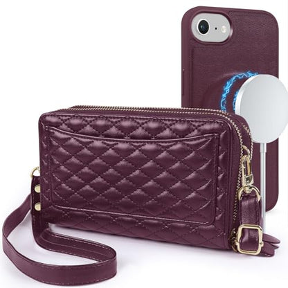 Harryshell Compatible with iPhone 16e 17e Case Wallet Multi Zipper Detachable Removable Cover with RFID Blocking Card Slots Holder Mirror Crossbody Strap (Compatible with Magsafe - Quilted Burgundy) - color: Compatible with Magsafe - Quilted Burgundy, siz
