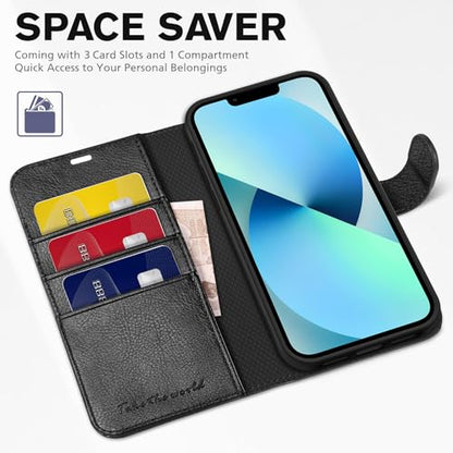 TUCCH Wallet Case for iPhone 13 (6.1") 2021, Flip Stand, Textured Black | RFID Blocking, 3 Card Holders, Kickstand, PU Leather, Shockproof TPU Shell, Magnetic Closure, Protective Folio Cover - color: Black - Textured