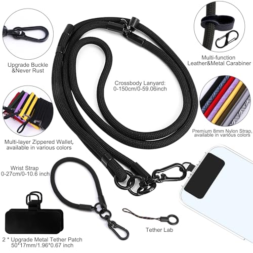 Newlibery Phone Lanyard Crossbody Wrist Strap, Clip and Go Strap for Phone with Wallet, Adjustable Anti-Theft Cell Phone Strap for All Phones (Blue-Gray Lanyard + Black Wallet) - color: Gray and Blue Stripes