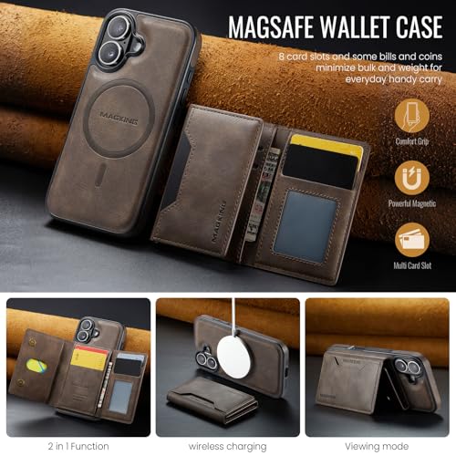 K2 2 in 1 Detachable Magnetic Phone Cases Compatible with iPhone 17 Case with Card Holder RFID Blocking, Compatible with Magsafe Wallet, Leather 6.3'' (Coffee, iPhone 17) - color: Coffee, size: iPhone 17