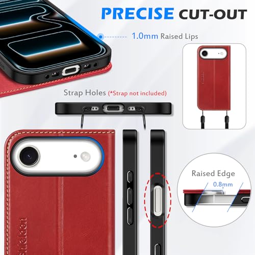 SHIELDON Genuine Leather Case Wallet for iPhone Air 6.5" 2025, Retro Red | Magnetic Closure, RFID Blocking, Credit Card Slot, Kickstand, Flip Book Design, Shockproof Phone Cover - color: Retro Red