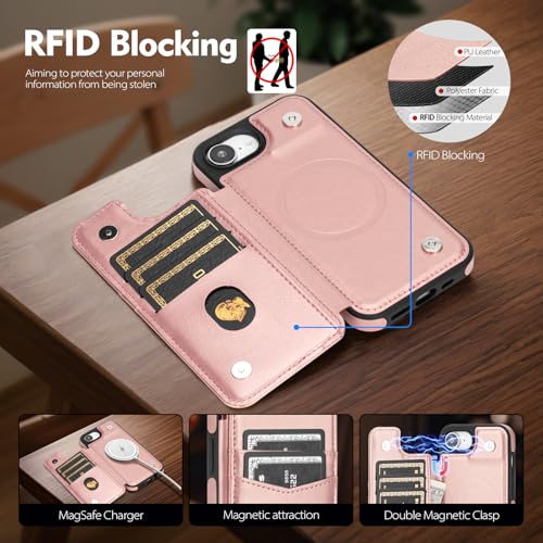 SkyEagle Compatible with MagSafe iPhone 17e / 16e Case Wallet,Rose Gold | Magnetic Clasp,RFID Blocking,PU Leather,Flip Folio Shockproof Phone Cover,with Credit Card Slots & Kickstand for Men & Women - color: Rose Gold