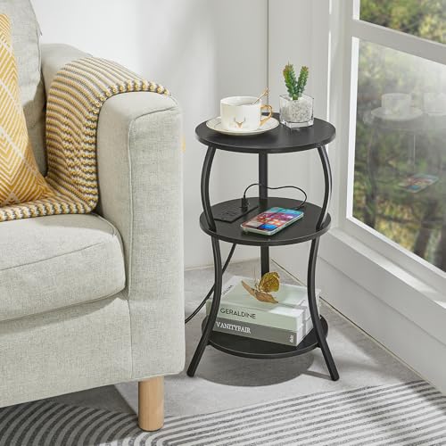 YEAKOO Small Side Table with Charging Station,3-Tier Round end Table - color: Black, style: USB Charger