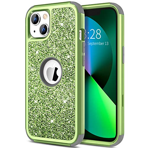 Hython Case for iPhone 13 Case Glitter, Cute Sparkly Shiny Bling Sparkle Cover, Heavy Duty 3 in 1 Hybrid Hard PC Soft TPU Bumper Full Body Shockproof Protective Phone Cases for Women Girls, Green - color: Green