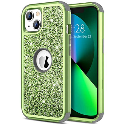 Hython Case for iPhone 13 Case Glitter, Cute Sparkly Shiny Bling Sparkle Cover, Heavy Duty 3 in 1 Hybrid Hard PC Soft TPU Bumper Full Body Shockproof Protective Phone Cases for Women Girls, Green - color: Green