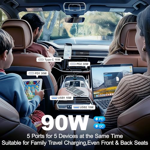 Car Charger USB C Fast Charge,5 -Ports 90W Car Phone Charger with Voltmeter - size: 2 Pack