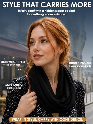 Pop Fashion Solid Color Hidden Zipper Pocket Scarf - Fashion Scarf for Women - All Seasons - color: Black