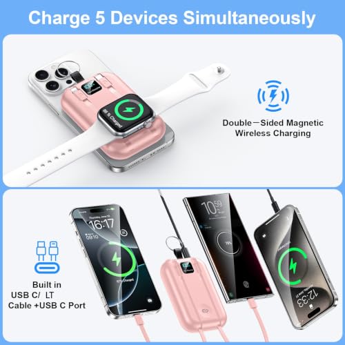 Magnetic Portable Charger 10000mAh Wireless Power Bank with Built-in Cables - color: pink