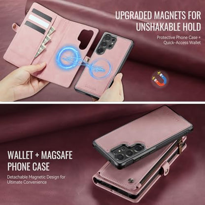 Defencase for Galaxy S24 Ultra Case Wallet Compatible with Magsafe, Pink | Magnetic Detachable, RFID Bolcking Card Holder, Zipper Strap, PU Leather Drop-Proof Phone Cover for Samsung Galaxy S24 Ultra - color: (Detachable with Magsafe)-Pink