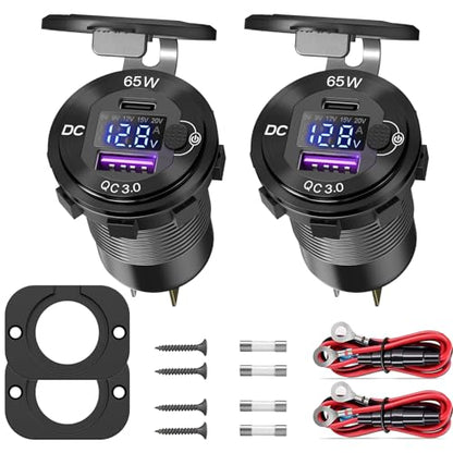2 Pack 12V USB Outlet 65W PD+QC Waterproof Voltmeter Switch Aluminum Marine - color: pack of two