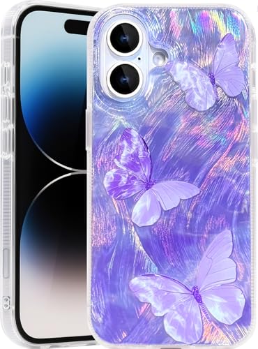 Compatible with iPhone 16 Case,with [Shockproof Protective][Camera Protection] Cute Butterfly Aesthetic Phone Cover Anti-Yellowing Soft Slim Cover for Women Girl-Purple - color: Purple Butterfly, size: iPhone 16