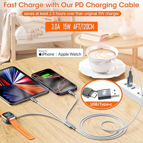 Apple Watch Charger 3 in 1 Multi Charging Cable 4FT Apple MFi Magnetic - color: Grey/Silver, size: 4ft