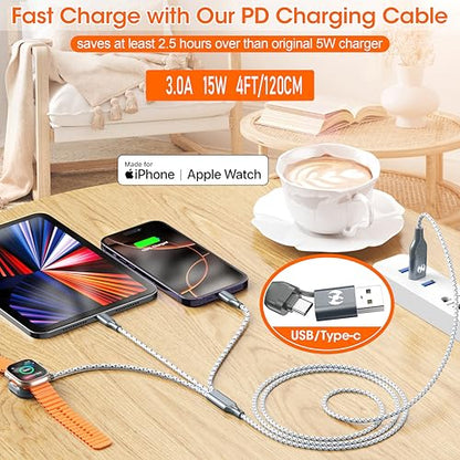 Apple Watch Charger 3 in 1 Multi Charging Cable 4FT Apple MFi Magnetic - color: Grey/Silver, size: 4ft