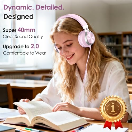 INFURTURE USB C Headphone for Kids & Adults Over-Ear Wired Pink Headphone - color: Rose Pink