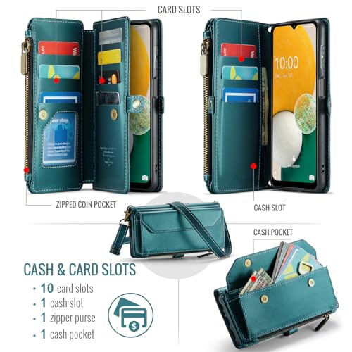 Asuwish Phone Case for Samsung Galaxy A13 4G/5G Zipper Wallet Cover with Tempered Glass Screen Protector and Leather Flip RFID Blocking Card Holder Cell A04s M13 G5 A 13 LTE 13A 2022 Women Girls Green - color: Green