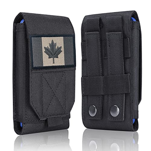 Black Tactical Molle Waterproof Cellphone Pouch Case,Heavy Duty Phone Holster Bag for iPhone 11 12 13 Pro Max Less 6.7" Phone(Fits Otterbox/Survivor Protective Case on) with Canada Flag Patch - color: Black & 1 Brown Patch
