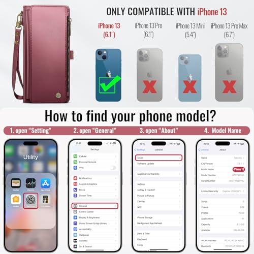 Defencase for iPhone 13 Wallet Case with RFID Blocking Card Holder, WineRed | Durable Soft PU Leather, with Zipper Pocket, Wrist Strap, Fashion Snap Flip Phone Cases Cover with Stand for Women and Men - color: Wine Red