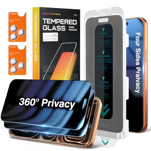 Elecshion 4 Way 360° Anti Spy for iPhone 17 Pro Max Privacy Screen Protector + Camera Lens Protector (2+2), Auto-Align Kit, 10X Military Shatterproof Anti Peep Tempered Glass Film for 17 Pro Max - size: iPhone 17 Pro Max